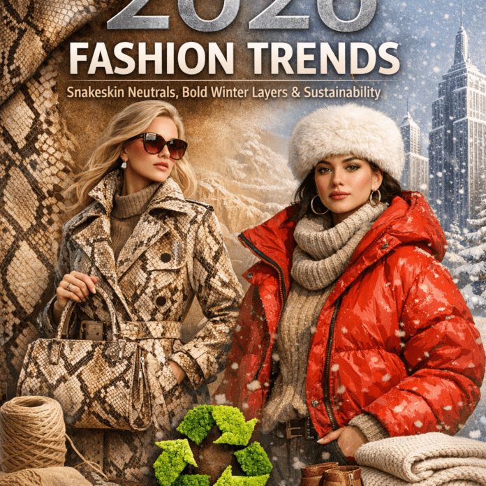2026 Fashion Trends: Snakeskin Neutrals, Bold Winter Layers and Sustainability — Illustration of 2026 Fashion Trends: Snakeskin Neutrals, Bold Winter Layers and Sustainability