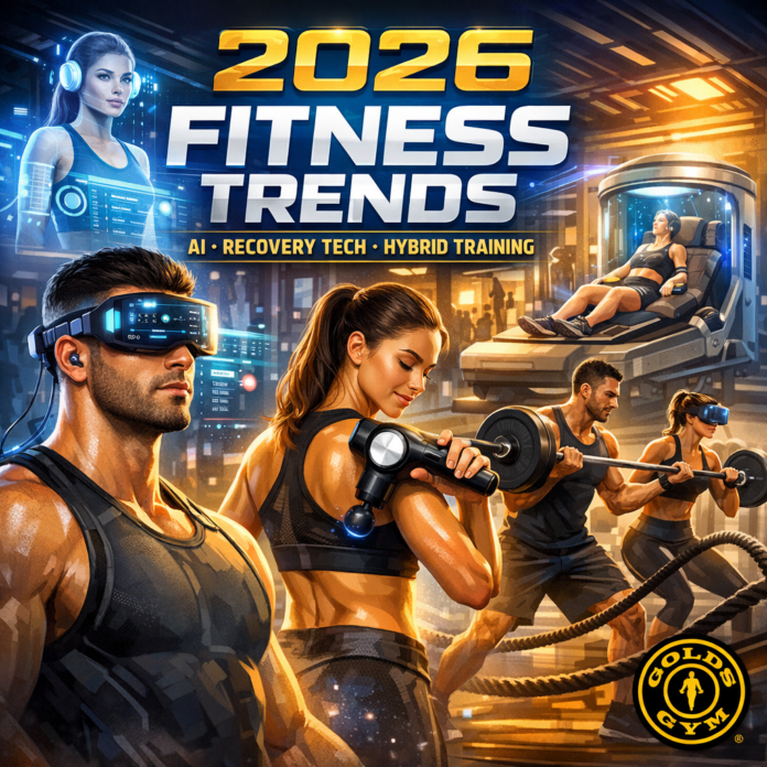 2026 fitness trends at Gold's Gym showing AI personalization, recovery tech, and hybrid training options