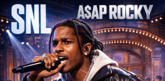 A$AP Rocky performing live on SNL’s Studio 8H stage, rapping into a mic under dramatic concert lighting.