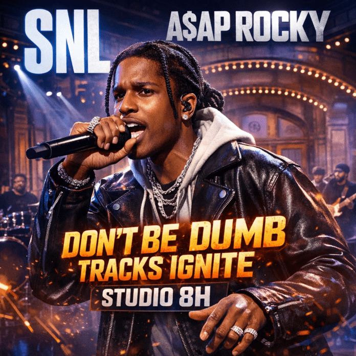 A$AP Rocky performing live on SNL’s Studio 8H stage, rapping into a mic under dramatic concert lighting.