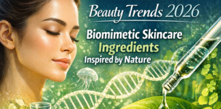 Beauty Trends 2026 banner featuring biomimetic skincare ingredients inspired by nature, with leaves and skincare bottles