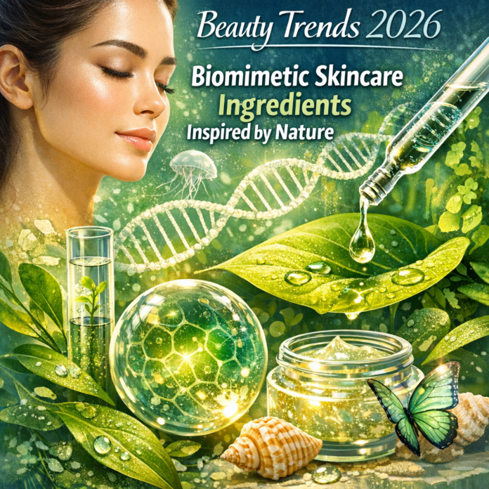 Beauty Trends 2026 banner featuring biomimetic skincare ingredients inspired by nature, with leaves and skincare bottles