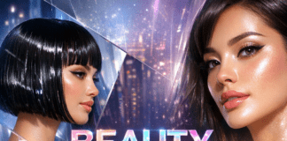 Futuristic 2026 beauty trends with glass hair, bold makeup, and skincare products arranged on a sleek, modern background