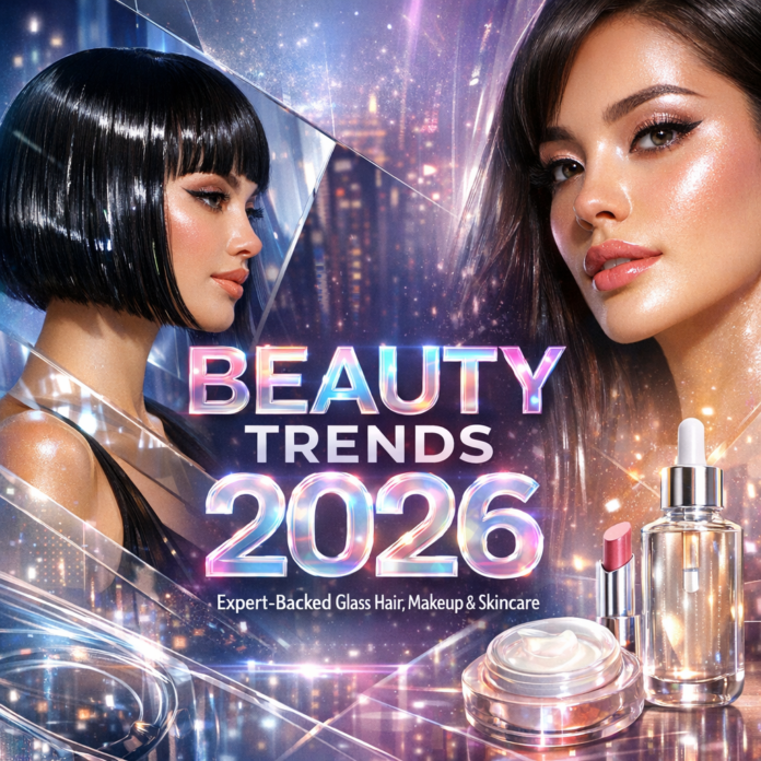 Futuristic 2026 beauty trends with glass hair, bold makeup, and skincare products arranged on a sleek, modern background
