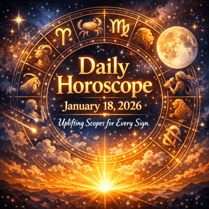 Colorful zodiac wheel with symbols and stars promoting uplifting daily horoscope for January 18, 2026