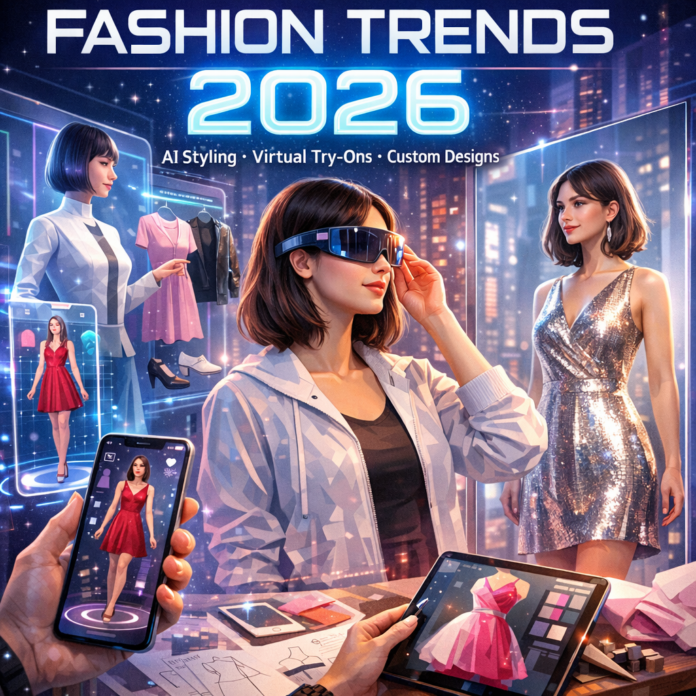 Illustration of Fashion Trends 2026: AI Personalized Styling, Virtual Try-Ons, Custom Designs
