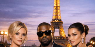Paris Fashion Week Celebrities’ Best Looks Three Paris Fashion Week celebrities pose in stylish outfits before the illuminated Eiffel Tower at dusk