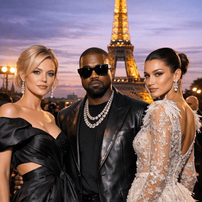 Three Paris Fashion Week celebrities pose in stylish outfits before the illuminated Eiffel Tower at dusk