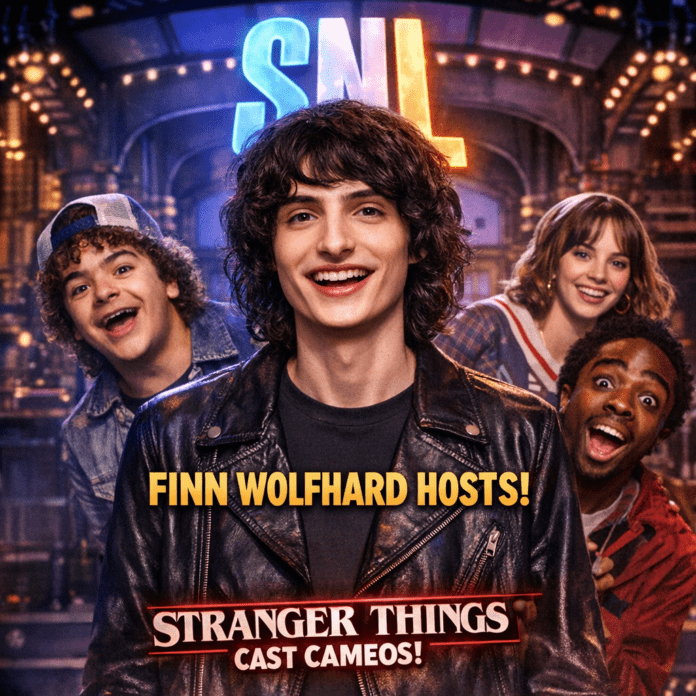 Finn Wolfhard on the SNL stage with Stranger Things cast members making surprise cameo appearances