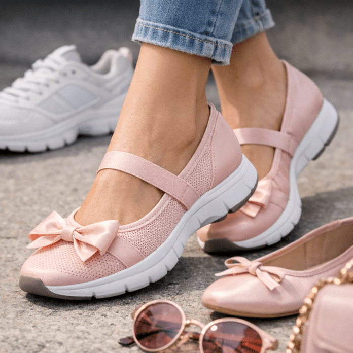 Pink sneakerina shoes with bow detail worn with jeans, styled with sunglasses and a handbag