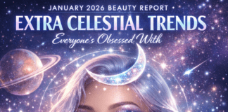 Model with shimmering cosmic makeup and starry eyeliner for January 2026 extra celestial beauty report