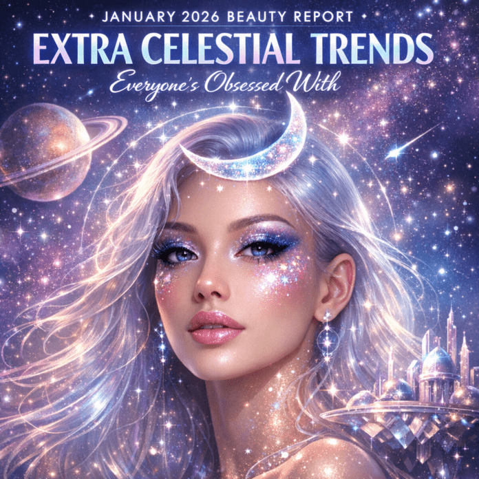 Extra Celestial Beauty Trends January 2026 Model with shimmering cosmic makeup and starry eyeliner for January 2026 extra celestial beauty report