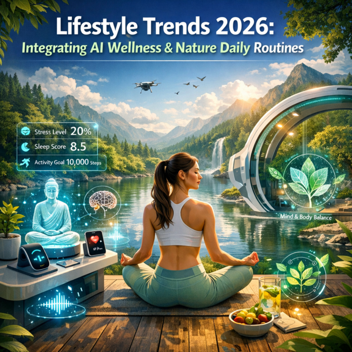 AI wellness routines illustration for Lifestyle Trends 2026: Integrating AI Wellness and Nature Daily Routines