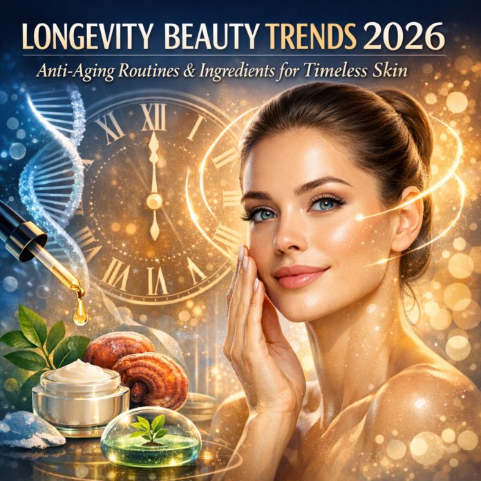 Longevity Beauty Trends 2026 Skincare Routine Illustration of Longevity Beauty Trends 2026: Anti-Aging Routines, Ingredients for Timeless Skin