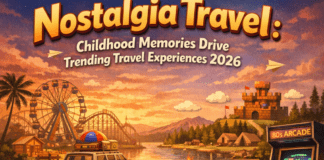 Nostalgia Travel Trends 2026: Experiences on the Rise A nostalgic travel scene with childhood toys, a vintage arcade, and a sunset amusement park highlighting 2026 travel trends.