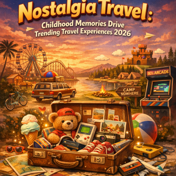 A nostalgic travel scene with childhood toys, a vintage arcade, and a sunset amusement park highlighting 2026 travel trends.