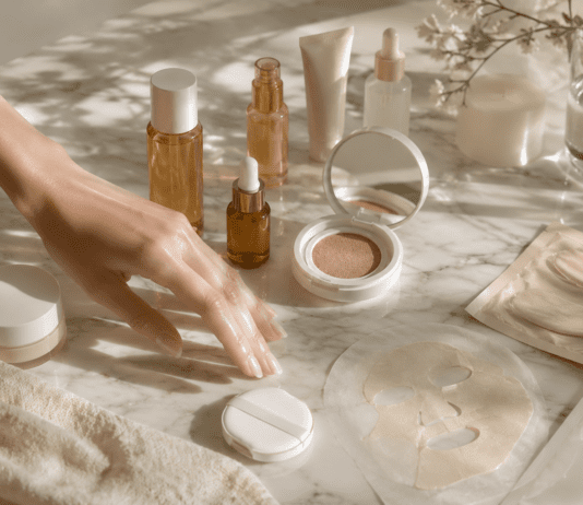 Curated collection of K-beauty skincare products including PDRN serums, cushion foundations, and toner pads arranged on marble for a glass skin routine guide