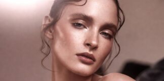 Model wearing soft matte complexion makeup inspired by Rare Beauty’s new longwear foundation