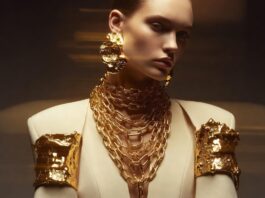 Model styling sculptural gold jewelry with oversized statement accessories in 2026 luxury fashion