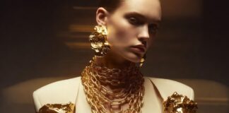 Model styling sculptural gold jewelry with oversized statement accessories in 2026 luxury fashion
