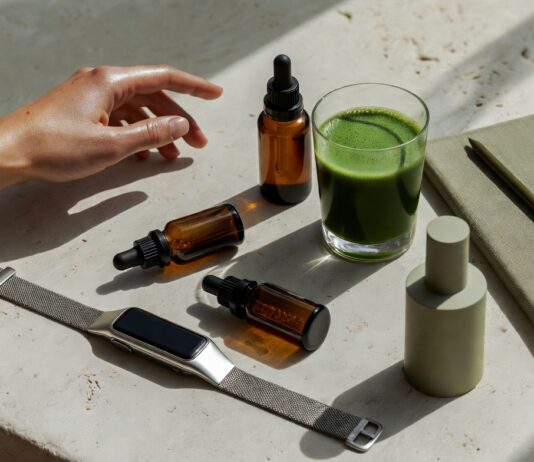Curated wellness lifestyle flat lay with wearable tracker, supplement bottles, green smoothie, and skincare serum representing the longevity biohacking movement in 2026