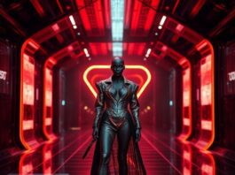 Hyperreal AI fashion model in a futuristic luxury runway campaign