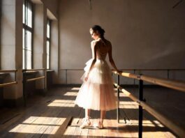 Model in a layered blush tulle gown and ribbon-tied ballet flats posed at a barre in a sunlit ballet studio, illustrating the ballet luxury fashion trend dominating 2026 couture and runway collections.