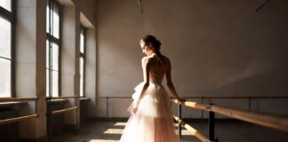 Model in a layered blush tulle gown and ribbon-tied ballet flats posed at a barre in a sunlit ballet studio, illustrating the ballet luxury fashion trend dominating 2026 couture and runway collections.