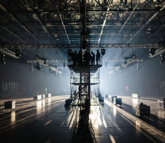 Production crew setting up lighting rigs and staging inside a fashion week show venue, representing the behind the scenes costs of runway show production