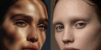 Bold Brows vs Bleached Brows: The Runway Debate Split editorial beauty image showing bold brows vs bleached brows representing Runway Magazine's complete guide to both runway brow trends
