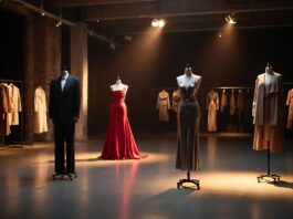 Four designer fashion looks displayed in a dramatically lit atelier, representing Runway Magazine's definitive celebrity style archive hub covering major celebrity fashion by star