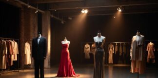 Celebrity Style Hub: The Definitive Fashion Archive by Star Four designer fashion looks displayed in a dramatically lit atelier, representing Runway Magazine's definitive celebrity style archive hub covering major celebrity fashion by star