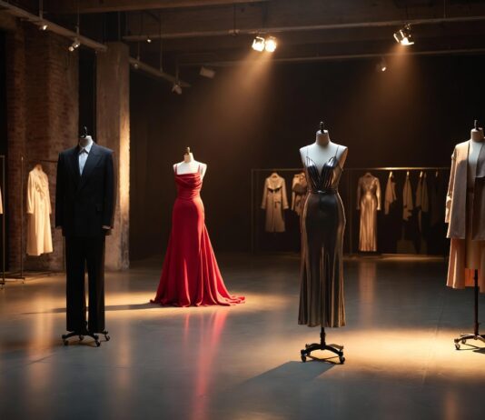 Four designer fashion looks displayed in a dramatically lit atelier, representing Runway Magazine's definitive celebrity style archive hub covering major celebrity fashion by star