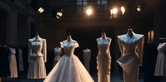 Five dress forms displaying iconic fashion house silhouettes in a grand atelier, representing Runway Magazine's complete guide to fashion's most influential designer houses including Chanel, Dior, Versace, Schiaparelli, and Balenciaga