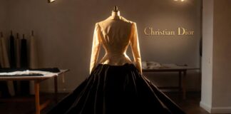 Dior New Look: The 1947 Collection That Changed Fashion Dress form in a Parisian atelier displaying the Dior New Look silhouette — cinched jacket and sweeping skirt — representing Runway Magazine's complete history of the 1947 collection that changed fashion