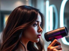 Model styling glossy smooth hair with a luxury smart hair dryer inspired by Dyson Supersonic Nural technology