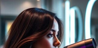 Model styling glossy smooth hair with a luxury smart hair dryer inspired by Dyson Supersonic Nural technology