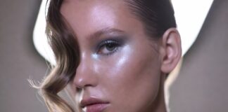 Model with radiant dewy skin wearing luminous makeup inspired by e.l.f. Halo Glow Liquid Filter