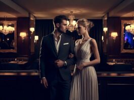 Modern couple discussing ethical non-monogamy at an upscale nightlife gathering