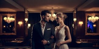 Modern couple discussing ethical non-monogamy at an upscale nightlife gathering