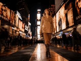 Model wearing a Gucci Cruise 2027 camel peacoat walking the Times Square runway surrounded by Gucci billboard screens at night, May 2026.