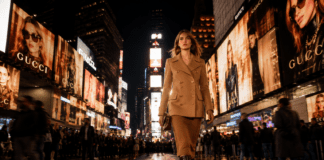 Gucci’s Times Square Takeover — Demna’s Cruise 2027 Collection Is Rewriting What a Fashion Show Can Be Model wearing a Gucci Cruise 2027 camel peacoat walking the Times Square runway surrounded by Gucci billboard screens at night, May 2026.