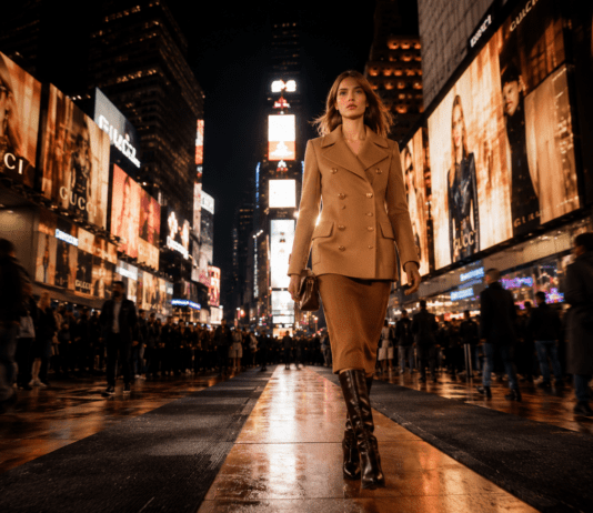 Model wearing a Gucci Cruise 2027 camel peacoat walking the Times Square runway surrounded by Gucci billboard screens at night, May 2026.
