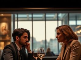 Fashionable couple experiencing awkward tension during a modern dinner date
