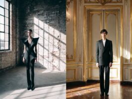 Split editorial image contrasting a London Fashion Week avant-garde runway show with a grand Paris Fashion Week salon presentation, illustrating the key style differences between the two cities