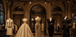 Designers Hub: The Complete Guide to Fashion’s Most Influential Houses Five dress forms displaying luxury fashion houses silhouettes — Chanel, Dior, Versace, Schiaparelli and Balenciaga — in a grand atelier, representing Runway Magazine's complete designers guide