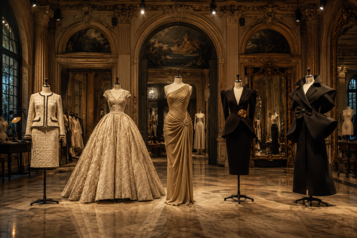 Luxury Fashion Houses: Complete Guide to the Top Five — Runway Magazine Five dress forms displaying luxury fashion houses silhouettes — Chanel, Dior, Versace, Schiaparelli and Balenciaga — in a grand atelier, representing Runway Magazine's complete designers guide