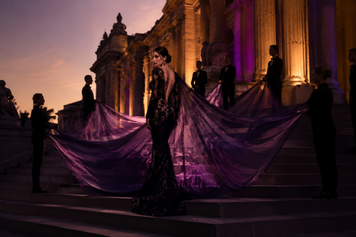 Madonna Saint Laurent Gothic Cape — Met Gala 2026 Madonna wearing a black lace Saint Laurent gown with a violet organza cape carried by seven attendants on the Met Gala 2026 red carpet steps.