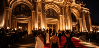 Met Gala Themes: A Complete History 1948–2026 Guests in designer fashion ascending the Metropolitan Museum of Art steps at the Met Gala, representing Runway Magazine's complete history of Met Gala themes from 1948 to 2026