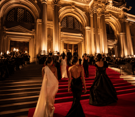 Guests in designer fashion ascending the Metropolitan Museum of Art steps at the Met Gala, representing Runway Magazine's complete history of Met Gala themes from 1948 to 2026